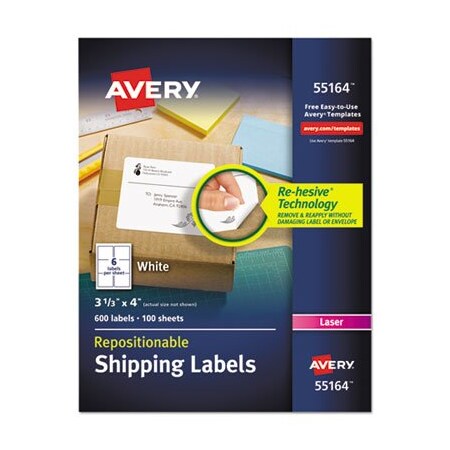 Avery Dennison Avery, REPOSITIONABLE SHIPPING LABELS W/SUREFEED, LASER, 3 1/3 X 4, WHITE, 600PK 55164